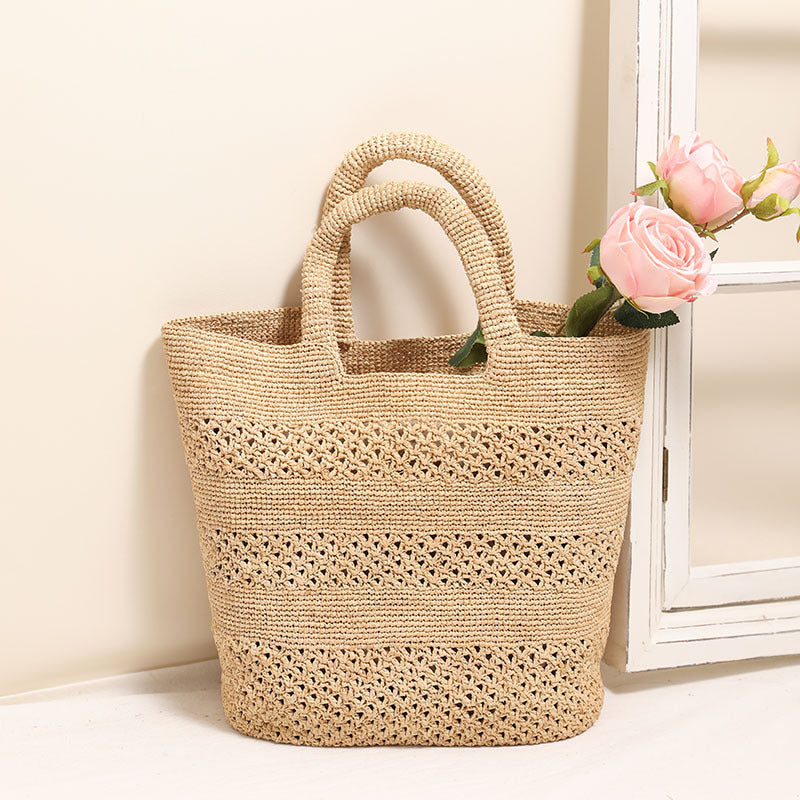 Raffia Tragbare Strohtasche Handtasche Große Kapazität Ausgehöhlte Gewebte Tasche Strandurlaub Strandtasche