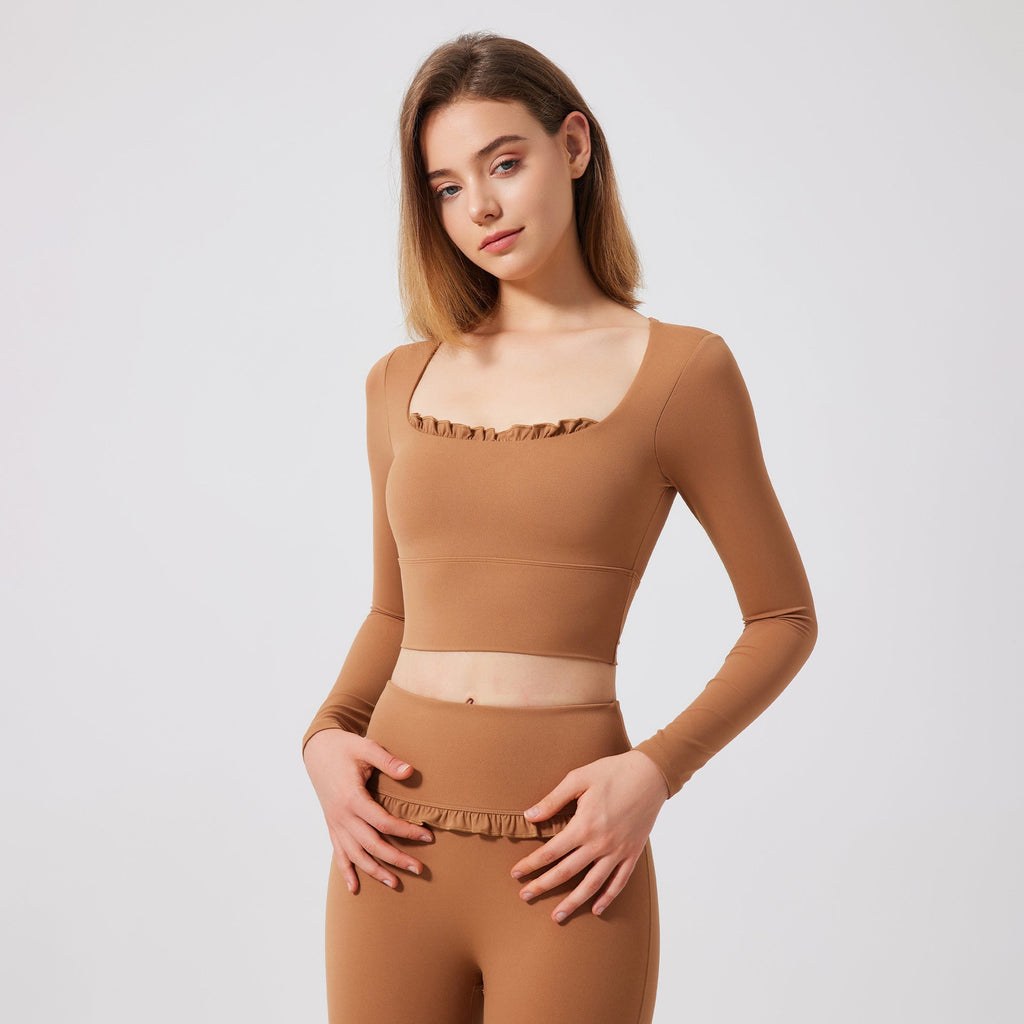 Herbst Winter Nude Feel Spitze Yoga Kleidung Langarm Semi Fixed Cup Laufen Schlank Sport BH Atmungsaktive Workout Kleidung Top