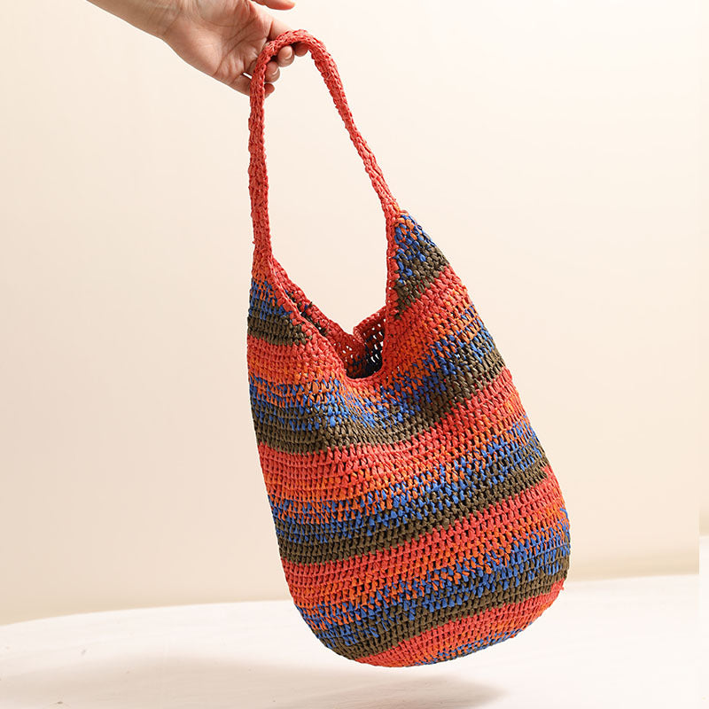 Farbige Schulterstrohtasche, lässige Korbtasche mit großem Fassungsvermögen für den Urlaub am Meer, Strandtasche, vielseitige Strohtasche