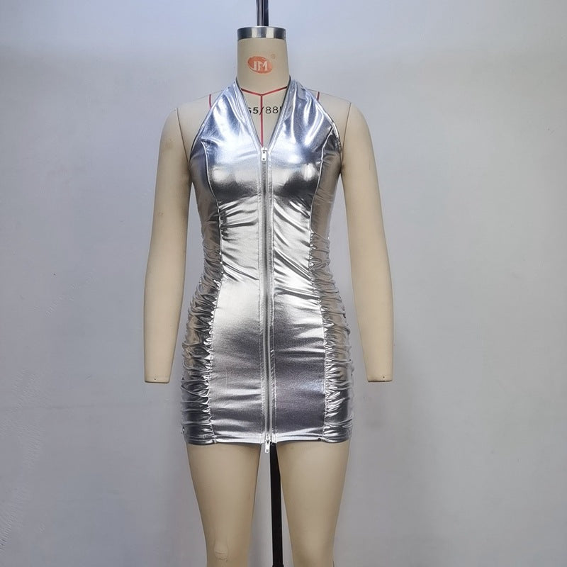 Damen Sommer Einfarbig Plissiert Sexy Neckholder Reißverschluss Slim Fit Etuikleid Damen