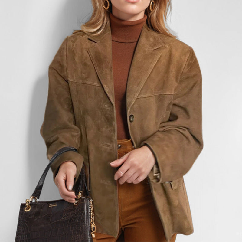 Herbst Damenbekleidung Eleganz Retro Braun Loose Taschen Langarm Blazer Damen