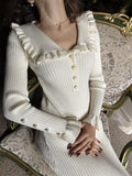 Gerüschtes Kleid, Strickkleid, Herbst-Winter-Pulloverkleid, Retro-Damenkleid, französisches Kleid