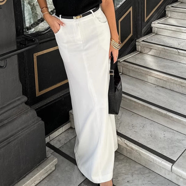 Frühling Sommer Weiß Eleganter Gerader Freizeitrock All Match Maxikleid Damen