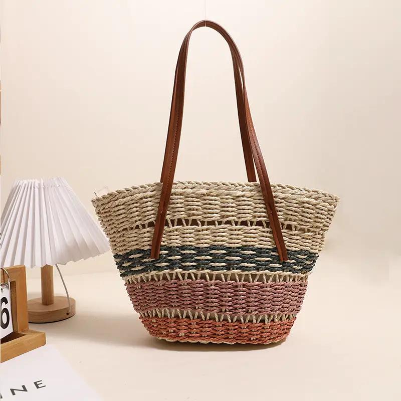 Colorful Striped Shoulder Straw Bag Large Capacity Straw Bag Woven Bag Rattan Women Bag Portable Vegetable Basket by Wanita Store