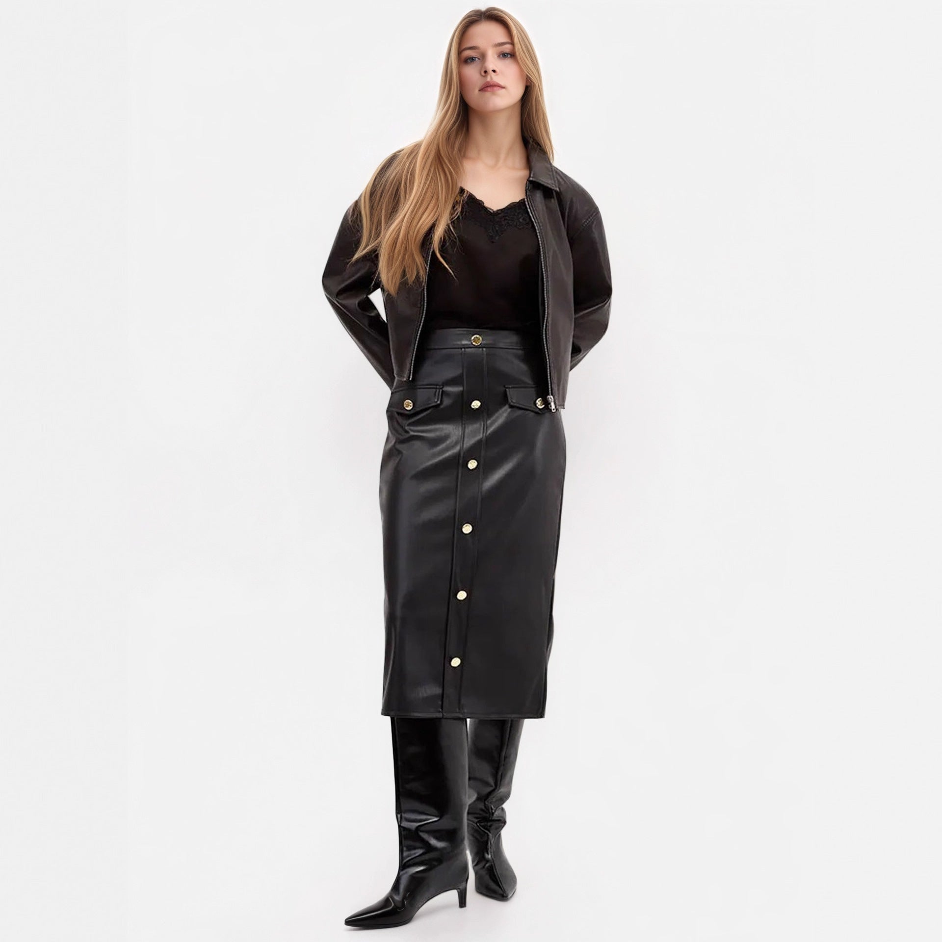 Spring Autumn Faux Leather Skirt Street High End Women Straight Skirt