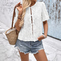 Summer Drawstring Solid Color Floral round Neck Daily Shopping Casual Shirt Women