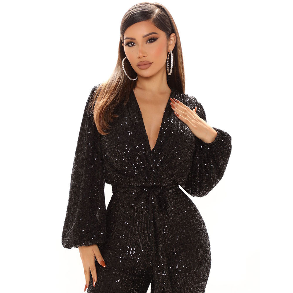 Herbst High-End Damen Jumpsuit mit Pailletten, tiefem V-Ausschnitt und langen Ärmeln, Overall-Hose