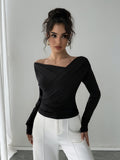 Herbst Winter Einfarbiger Schulterkragen Schulterfrei Slimming Langarm All-Match Office Oberteil