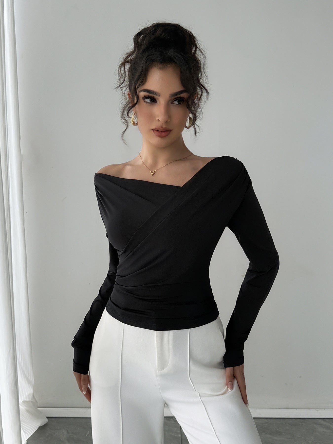 Herbst Winter Einfarbiger Schulterkragen Schulterfrei Slimming Langarm All-Match Office Oberteil