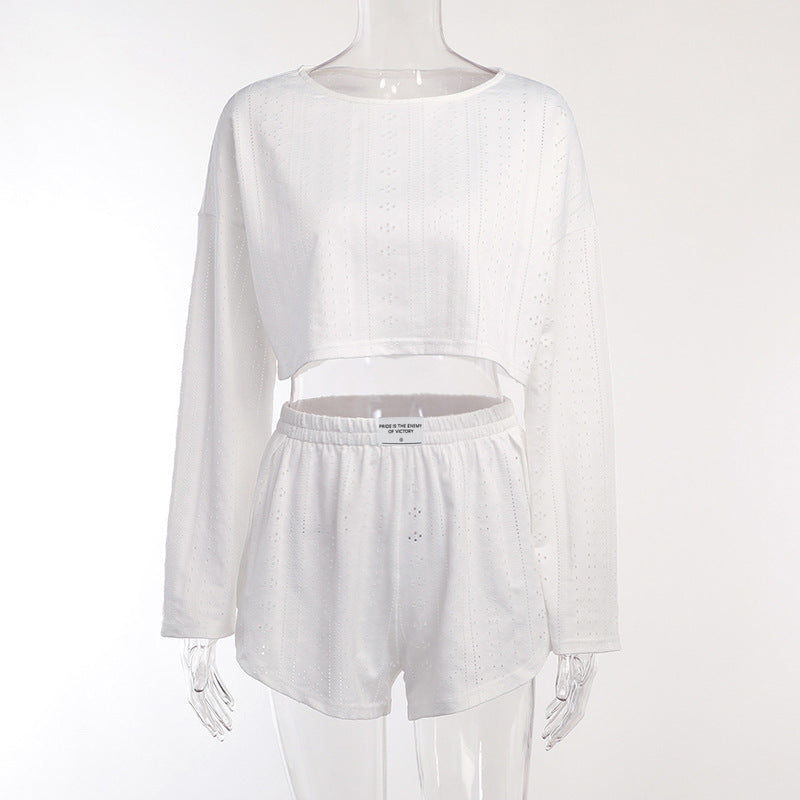 Herbst Damen Einfaches Slim Fit Lockeres Pullover-Top Shorts-Set