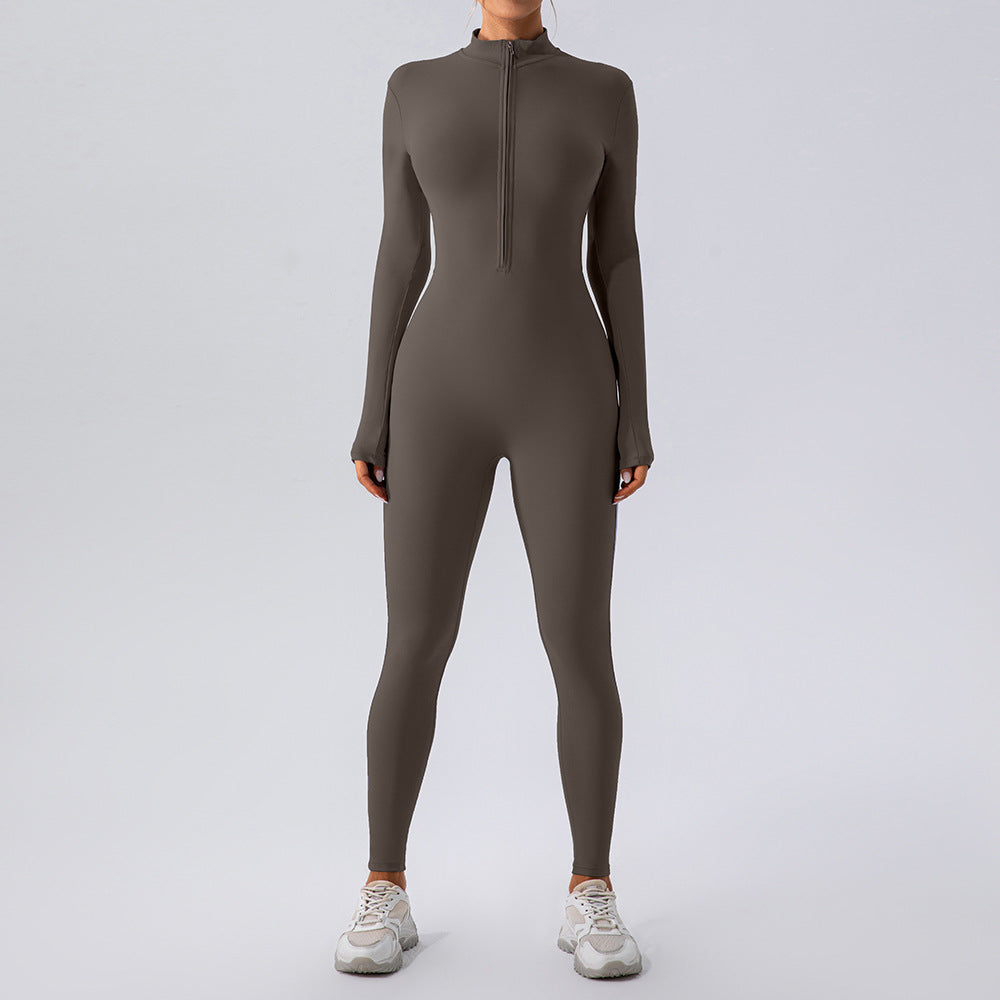 Reißverschluss Nude Feel Langarm Yoga Jumpsuit Damen Sport Fitness Training Tanz Einteiler Bodysuit