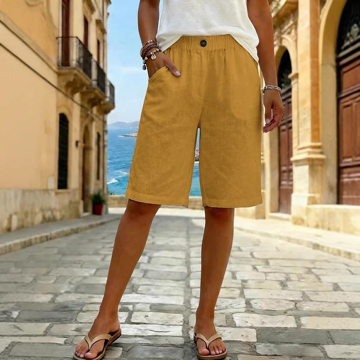 Women Faux Cotton Linen Shorts Summer Casual Everyday Mid Rise Solid Color Shorts