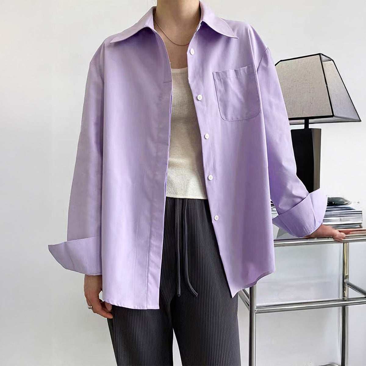 Women Clothing Autumn Winter Casual Vacation Button Solid Color Long Sleeved Shirt