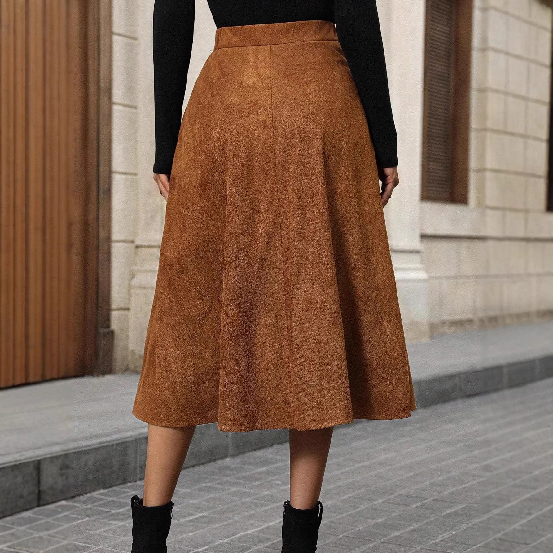 Maillard Suede Ruffled Small Brown Skirt High Waist Irregular Asymmetric Mid Length Sheath Skirt