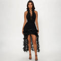 Halter Sexy Deep V Plunge Sheath Solid Color Dress for Women Ruffles Tassel Dress