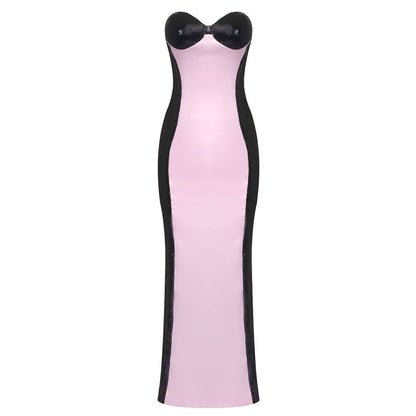 Black White Pink Color Blocking Tube Top Dress Slim Fit Sheath Fishtail Dress Red Carpet Dinner Dress