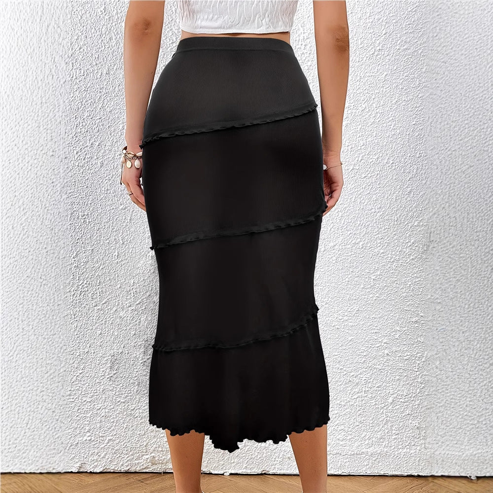 Rock Schwarz Herbst Winter Damen Kleidung Einfarbig Mehrlagig Nähte Holzohr Gestrickter Fishtail Rock Stufenweiser Lotus
