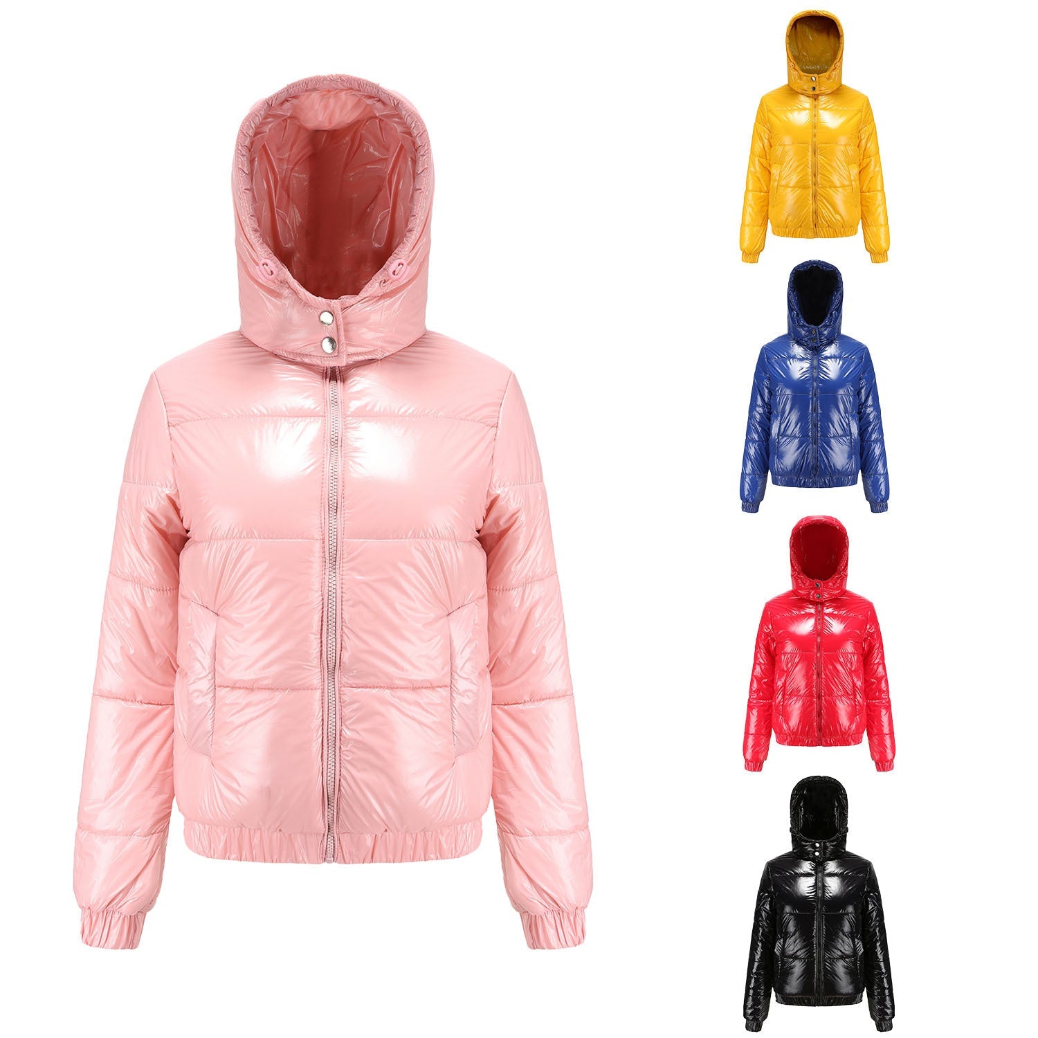 Damen Winter Kapuzen Steppjacke aus Baumwolle 20D Film Spritzwassergeschützt Modische Jacke Langarm Glänzende Baumwoll Steppjacke