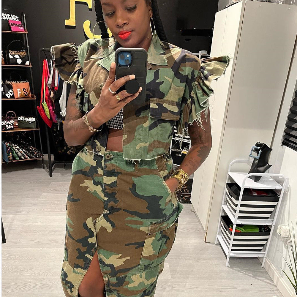 Camouflage Damen Kleidung Rüschenärmel Tasche Personalisierte Strickjacke Outdoor Kurzarm Damen Mantel