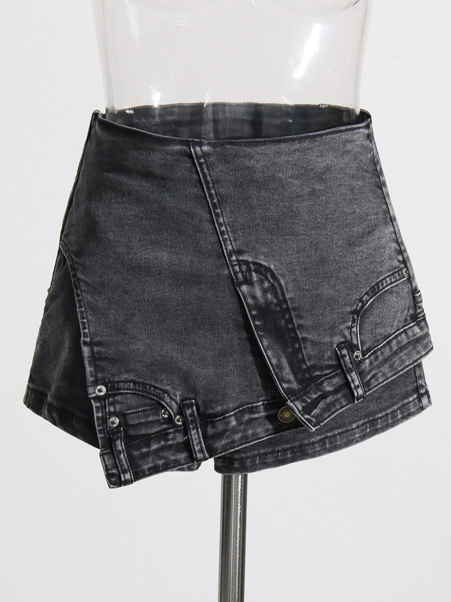 Personality Street Denim Stitching Shorts Herbst High Waist Irregular Asymmetric Washed Used Jeans Damen