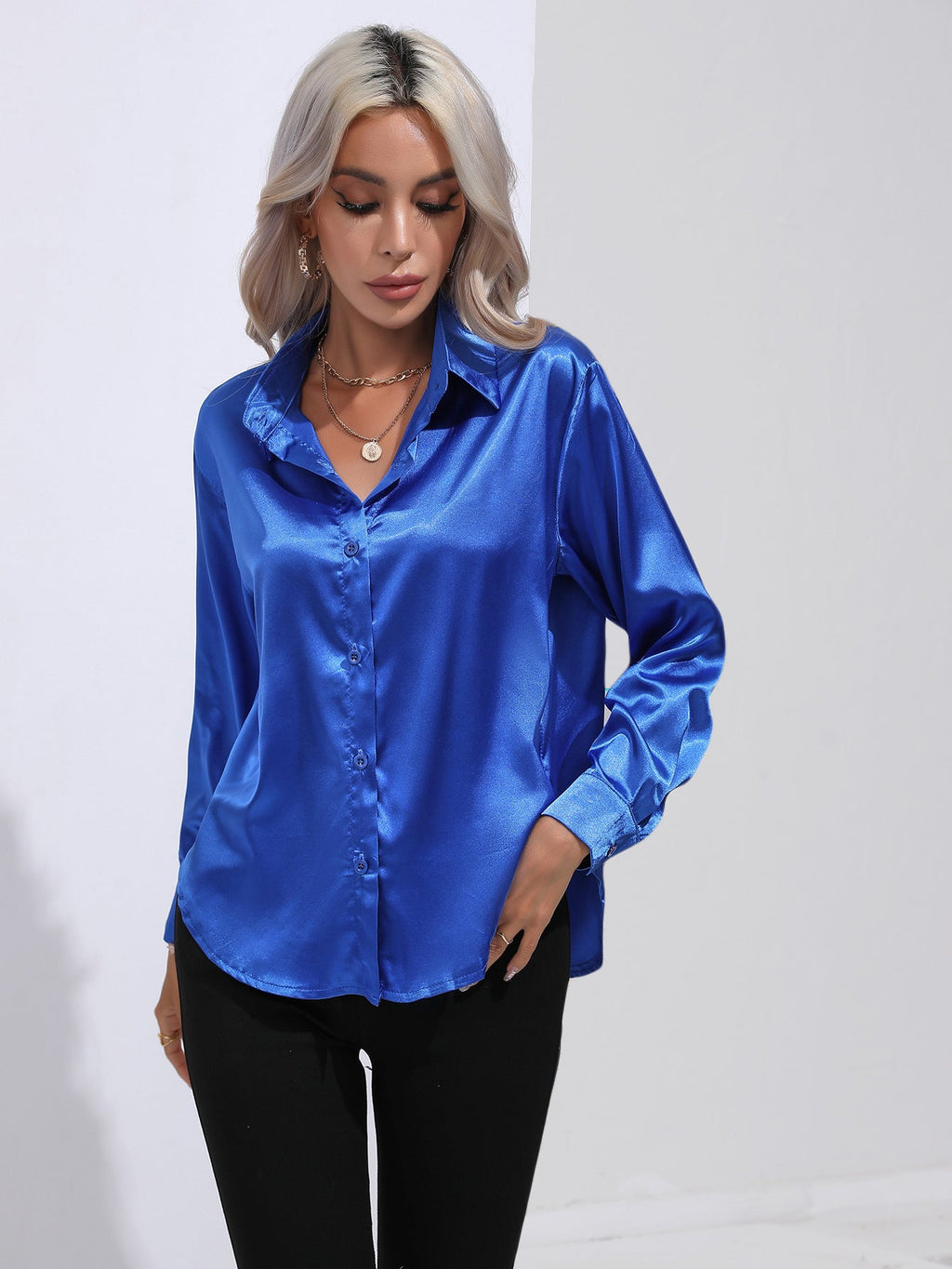 Satinhemd Damen Satin Kunstseide Langarmshirt Frühling Sommer Damenbekleidung