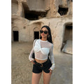 Women Clothing Sexy round Neck Sheer Mesh Long Sleeve Stitching Niche Girls Cropped Top
