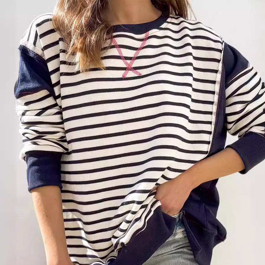 Damenbekleidung Damen Mehrfarbiger Hoodie Gestreifter Farbkontrast Langarm-T-Shirt