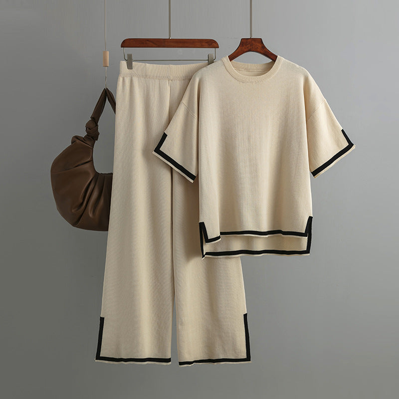 Outfit Elegant Kontrastfarbe Split Kurzarm-Pullover Hohe Taille Schlankmachende Weite Hose Hosen Zweiteiliger Set