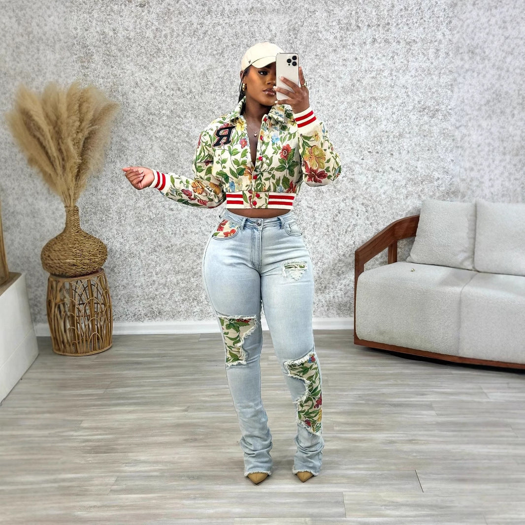 Frühlings-Jacquard-Damen-Langarm-Quadratischer-Ausschnitt-Kurzjacke