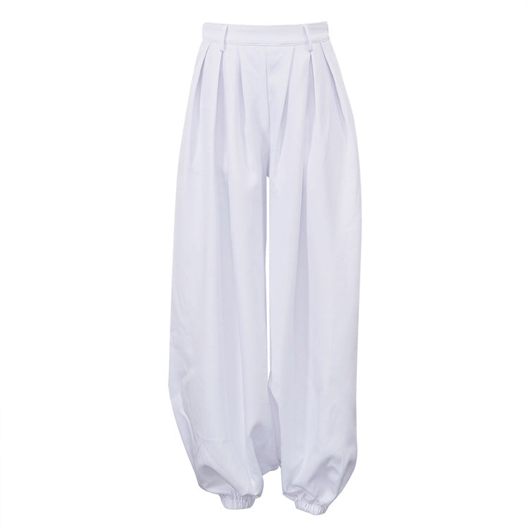 Women Clothing Simple All Match Loose Fit Tappered Trousers Pleated High Waist White Casual Pants