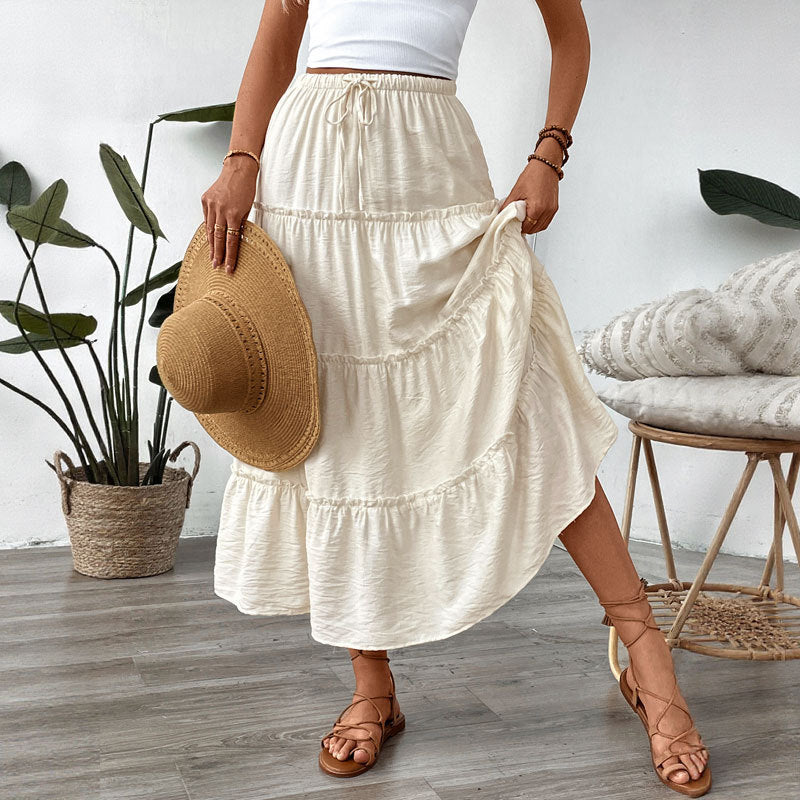 Summer White Stitching Skirt Women Simple Elastic Waist A line Umbrella Maxi Skirt