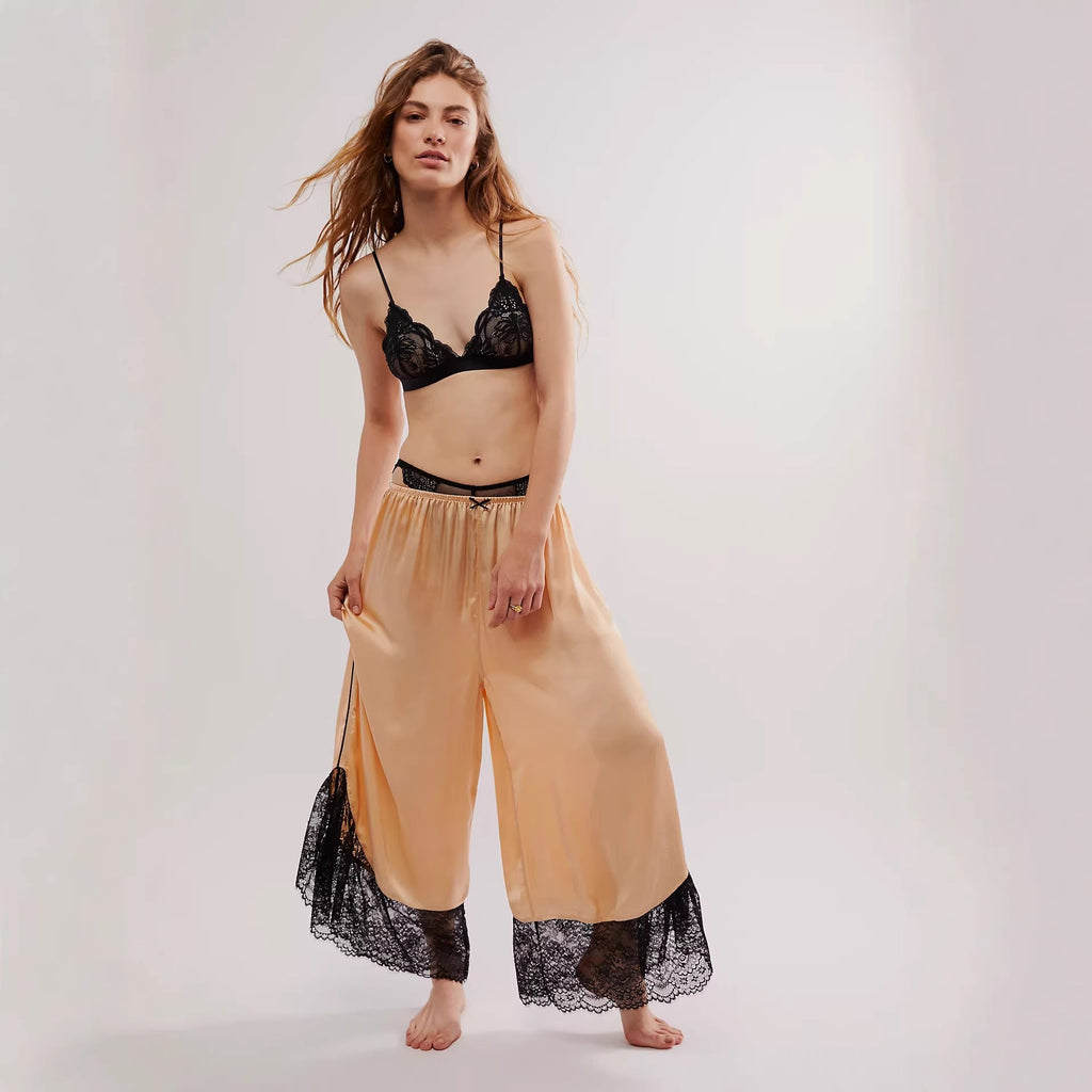 Women Lace Satin Stitching Loose Wide Leg Casual Trousers Office