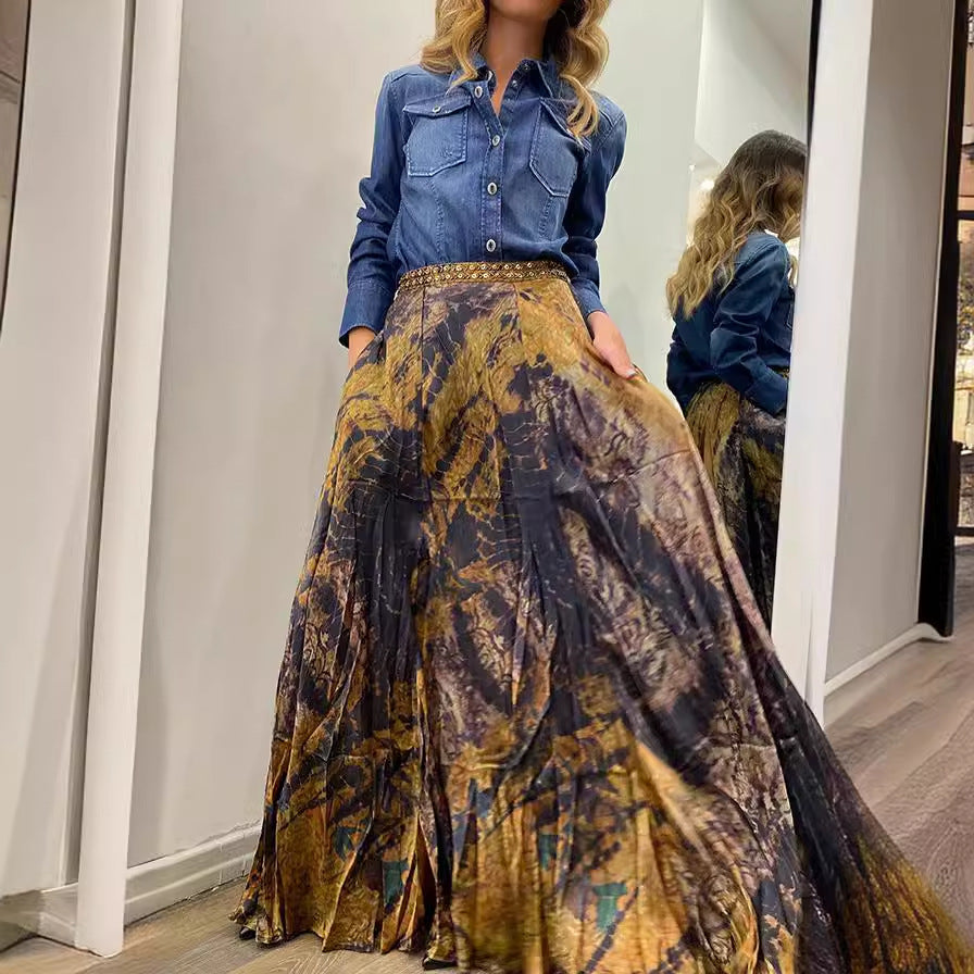 Damen Retro Maxirock mit Print und Gummibund für den Herbst