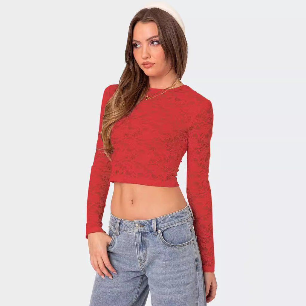 Private Kleidung Sexy Spitze Kurzes Top Sexy Schmal Eng Anliegendes Langarm T-Shirt Damen Sommer