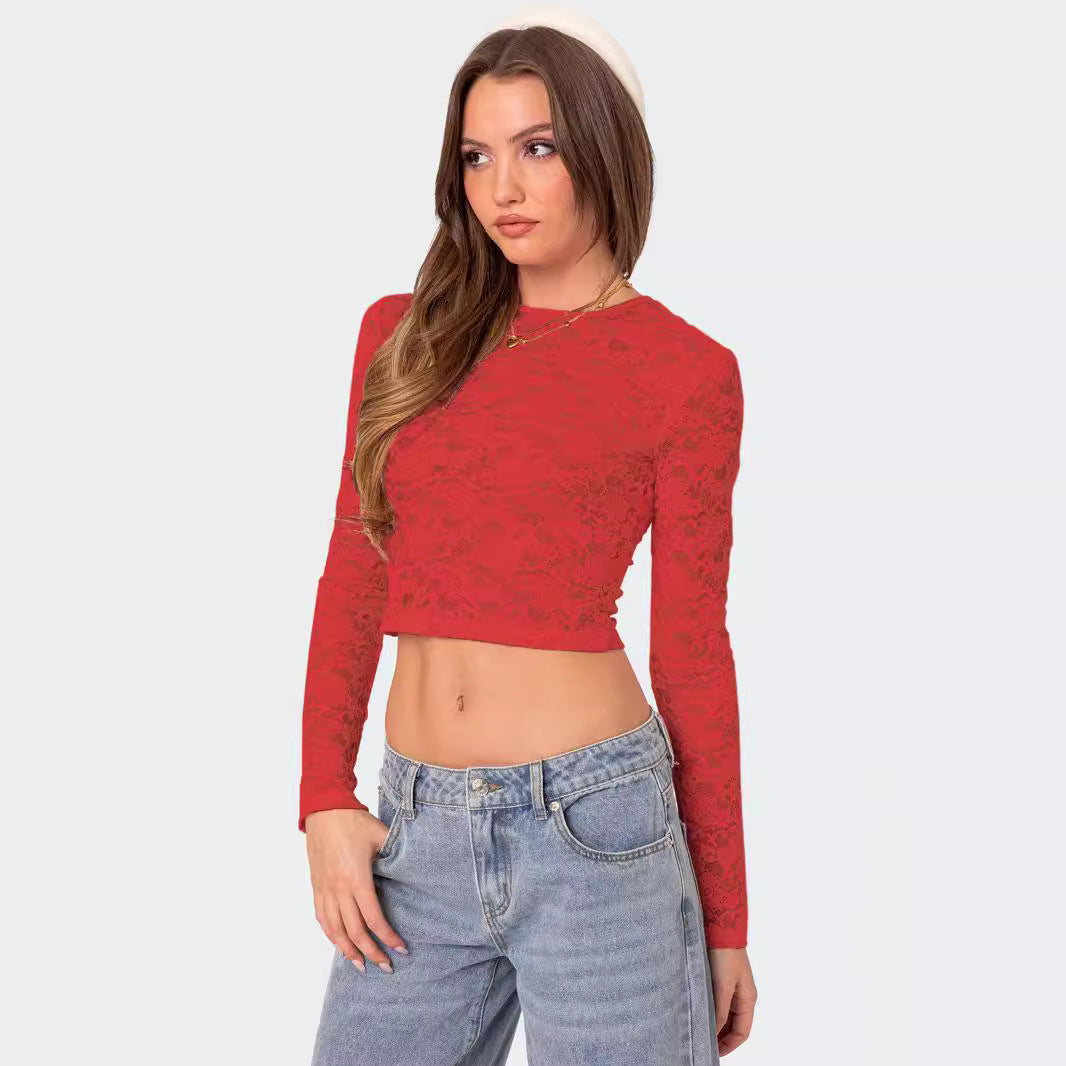 Private Kleidung Sexy Spitze Kurzes Top Sexy Schmal Eng Anliegendes Langarm T-Shirt Damen Sommer