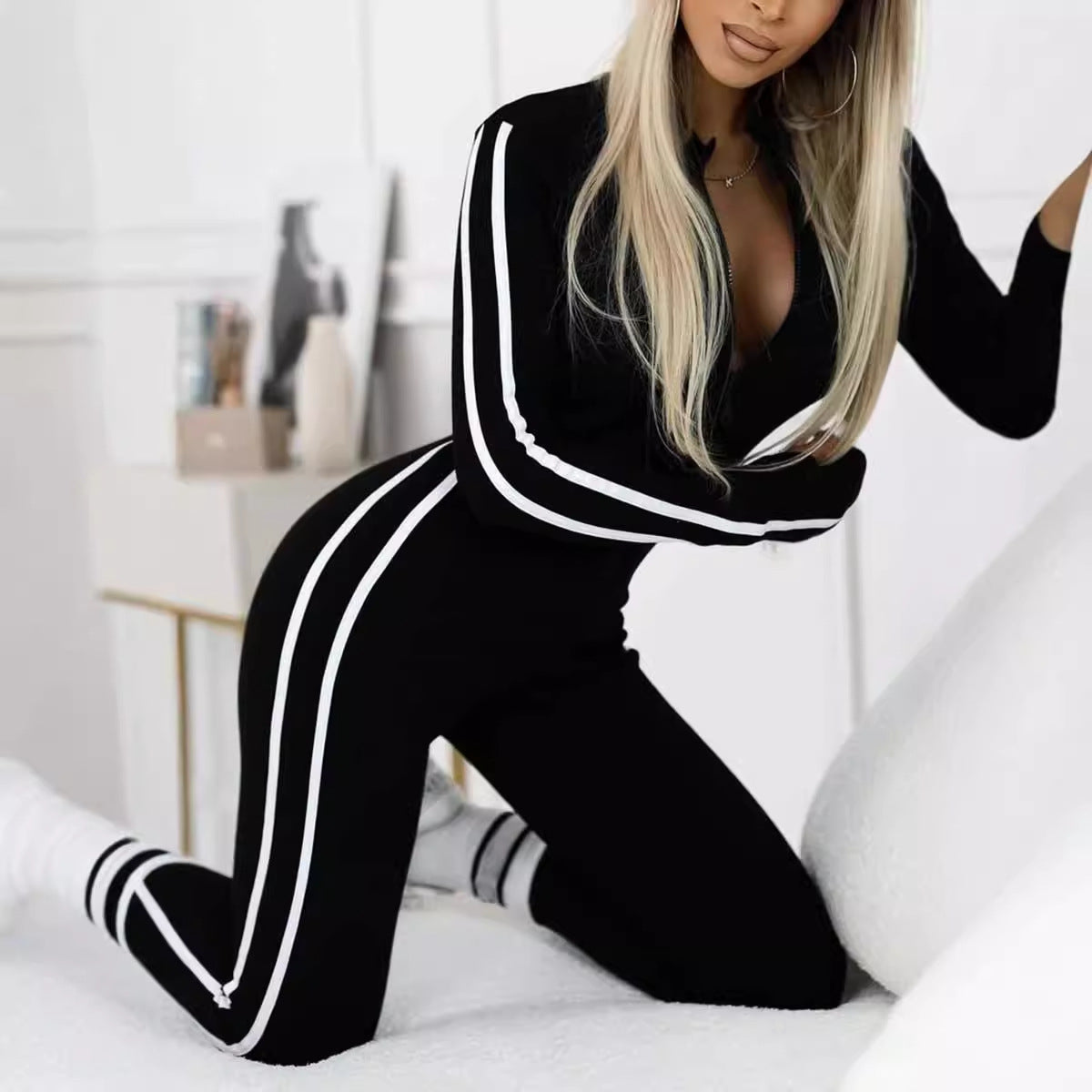 Herbst Winter Damen Slim Gestreifter Half-Zipper Jumpsuit