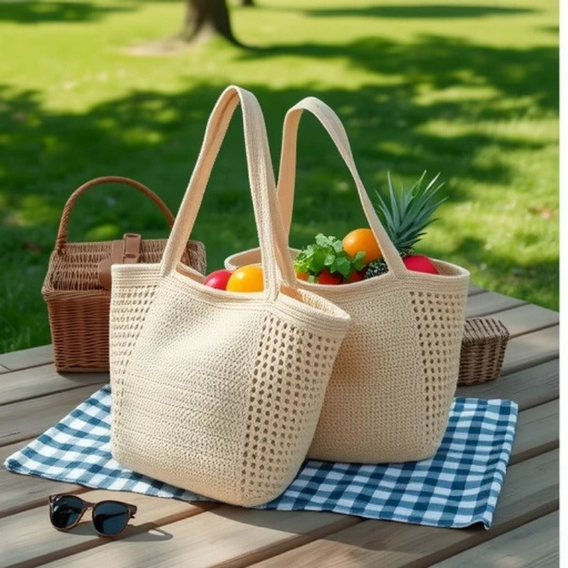 Große Kapazität Baumwollfaden Gewebte Tasche Hohl Out Cutout Schulter Strohtasche Urlaub Strandtasche Frauen Tasche