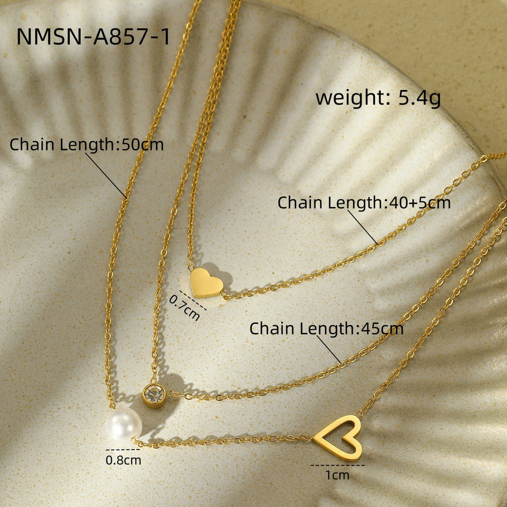 Fashionable Simple 18K Gold Stainless Steel Lovely Pearl Zircon Clavicle Three Chain Twin Necklace for Women