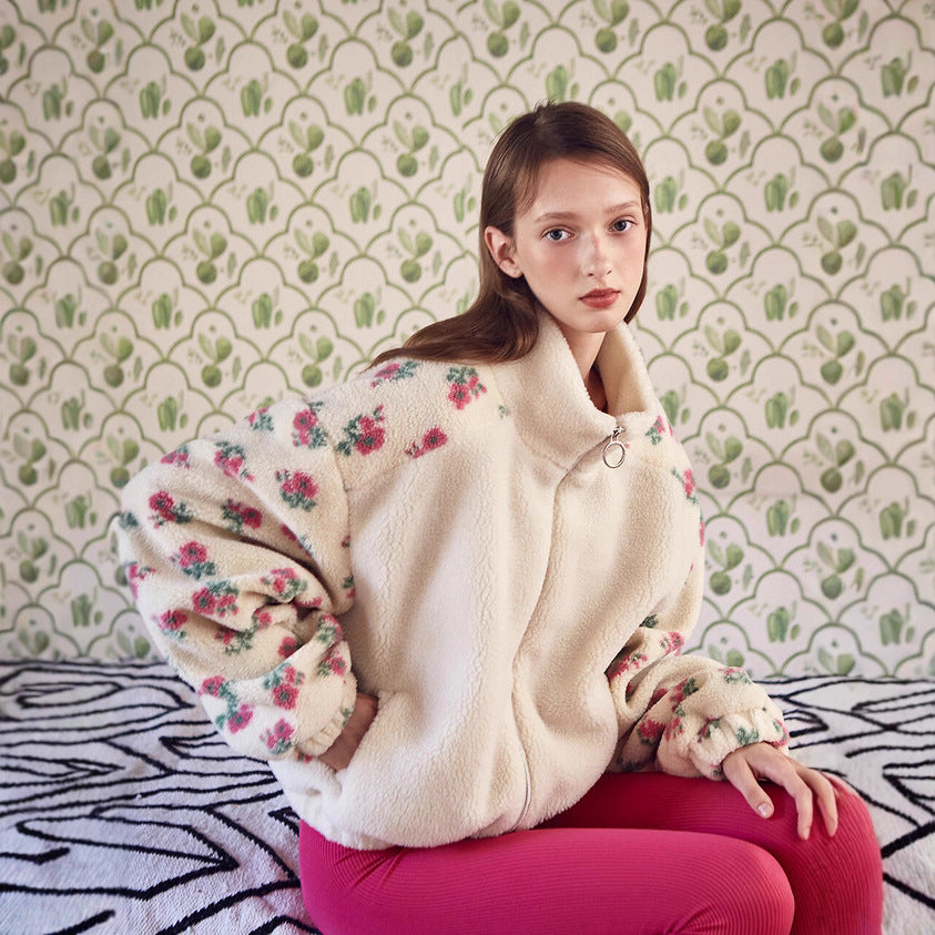 Winter Women Clothing Loose Polar Fleece Floral Stitching Zipper Collared Lamb Wool Coat