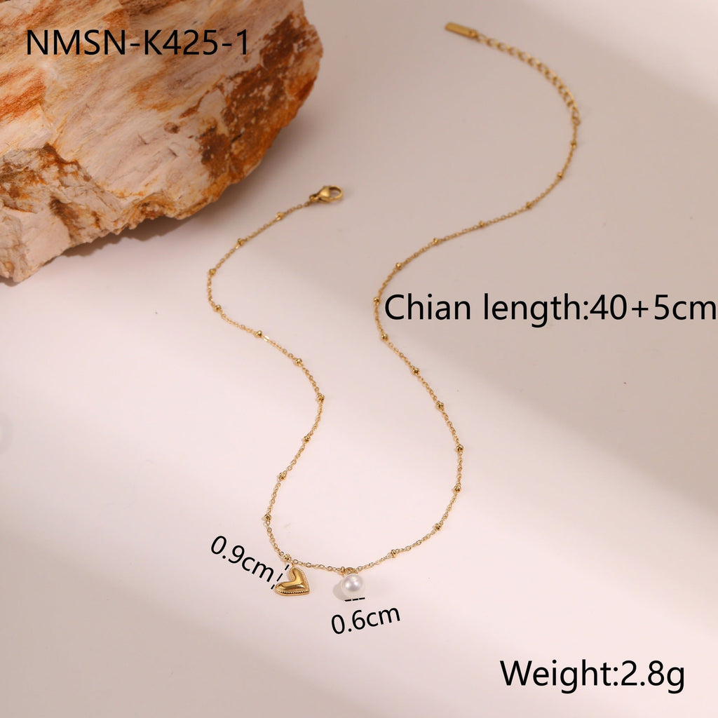 Pearl Heart Embellished Clavicle Chain Stainless Steel Necklace Non Fading Gold Plated Necklace