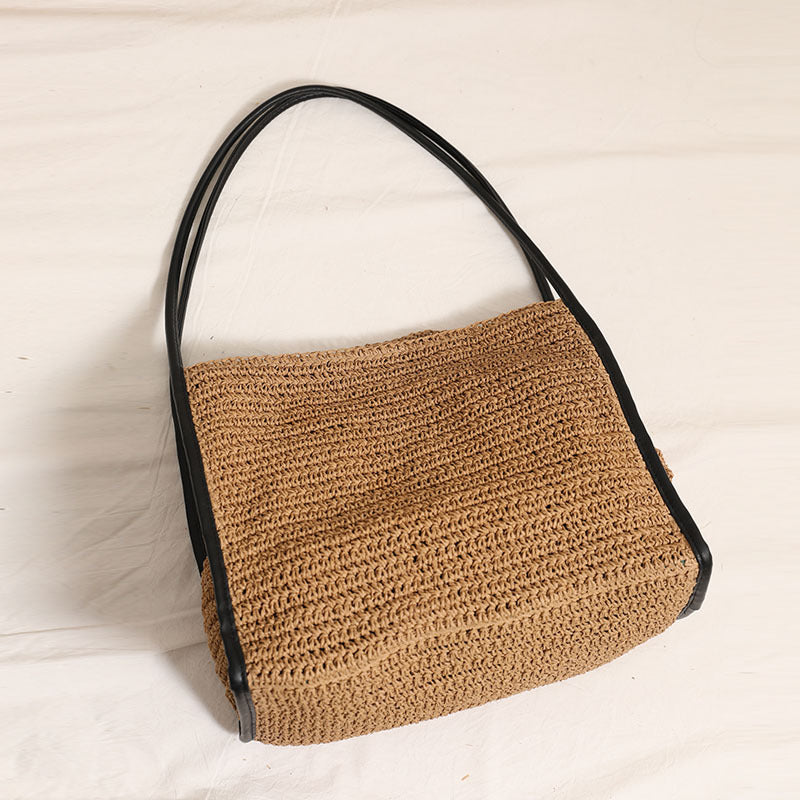 Französisch Große Kapazität Strohtasche Nische Einfarbige Strohtasche Gewebte Tasche Damen Urlaub Strandtasche Umhängetasche