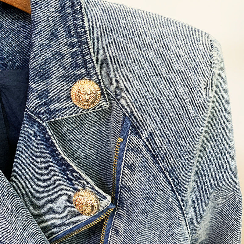 Damenmantel Löwenschnalle Schmaler Doppelreißverschluss Schräger Reißverschluss Gewaschene Jeans Motorradjacke