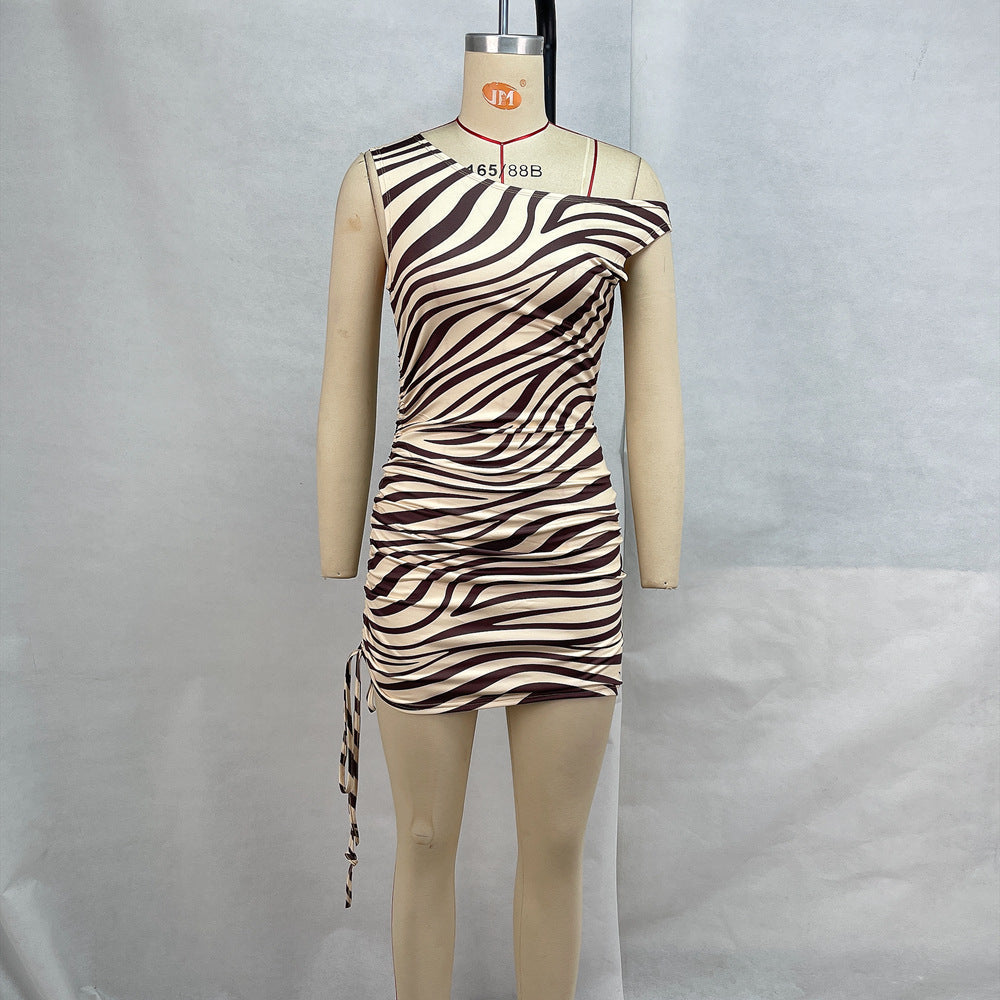 Damen Etuikleid mit Rundhalsausschnitt, ärmellos, tailliert, plissiert, Kordelzug, Zebra-Print für Damen