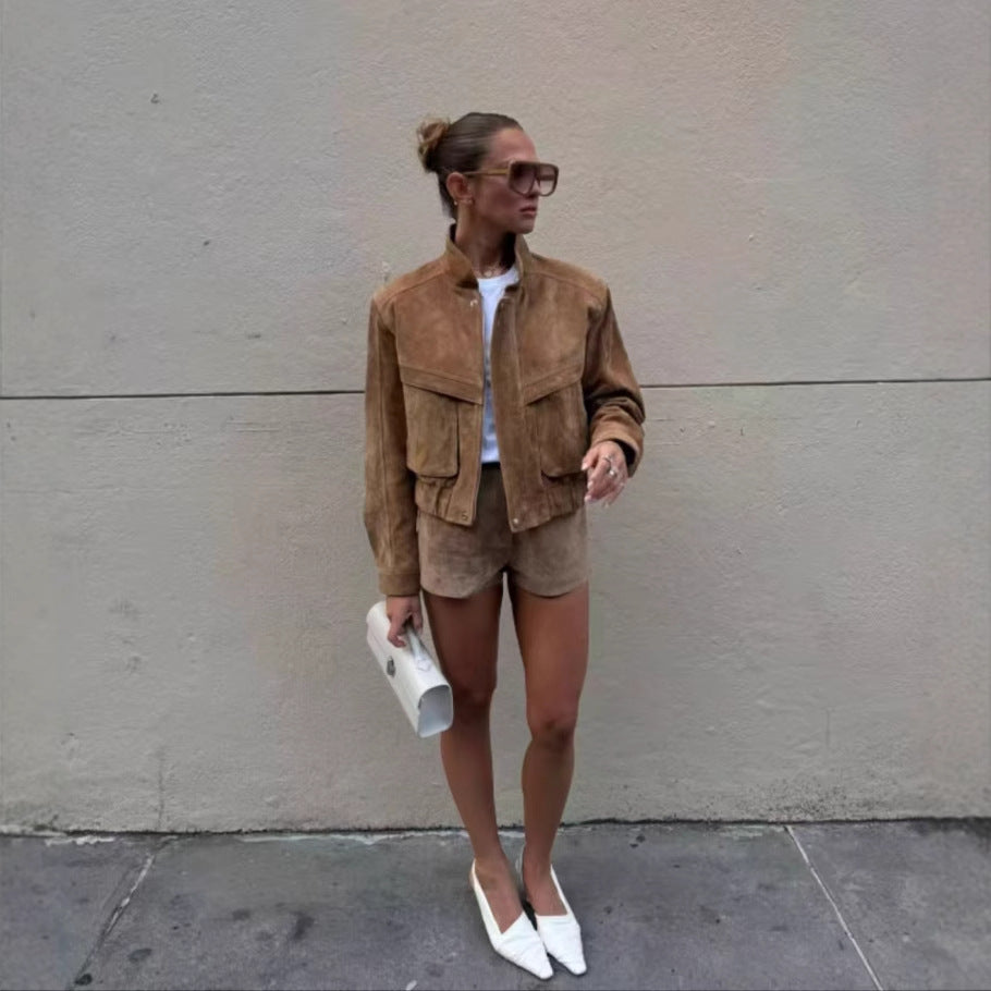 Herbst Winter Retro Wildleder Lokomotive Kleidung Jacke Mantel Shorts Zweiteilige Sets