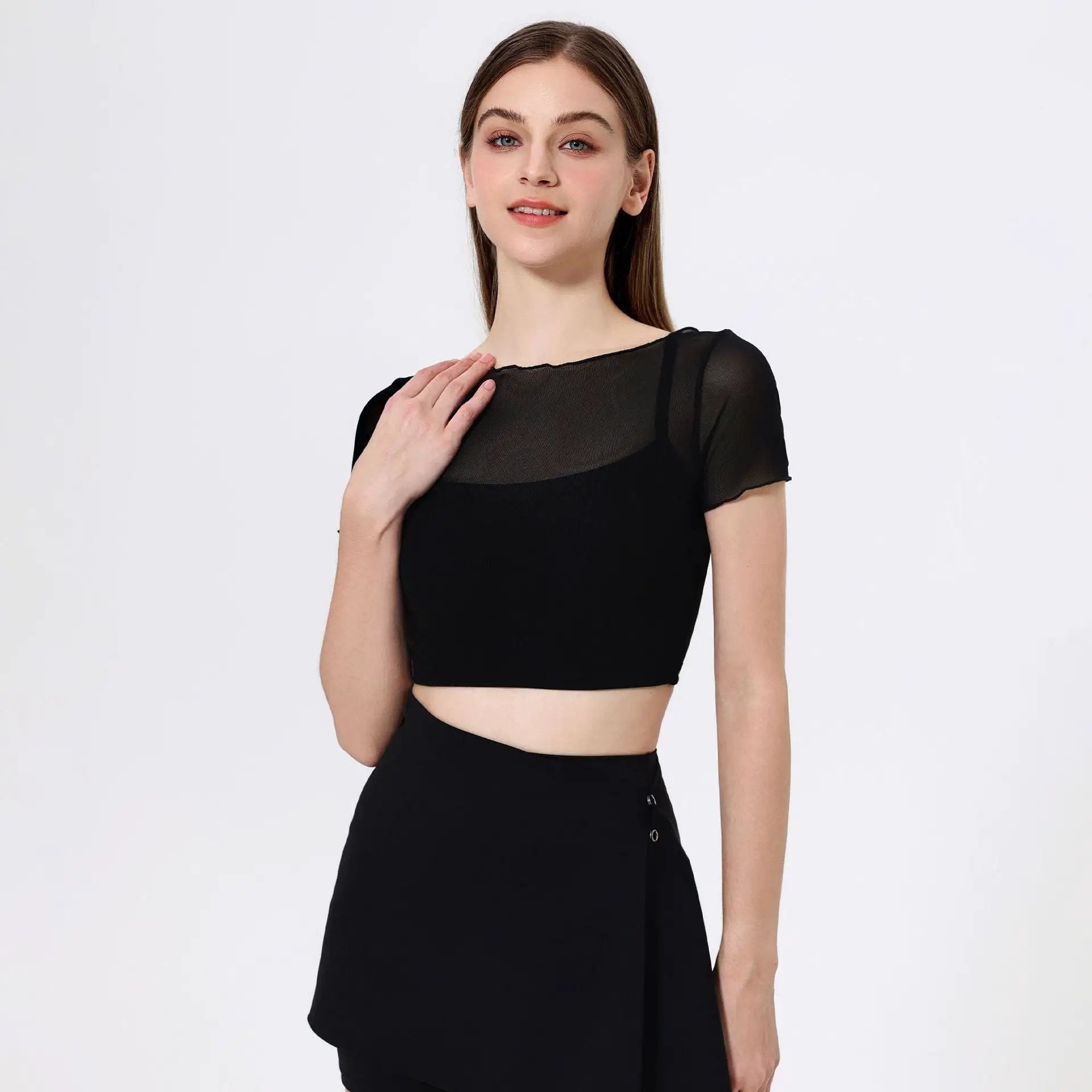 Faux Two Piece Mesh Sports T shirt Women Short Sleeve with Chest Pad Yoga Clothes Cropped Top Quick Drying Slimming Fitness by Wanita Store