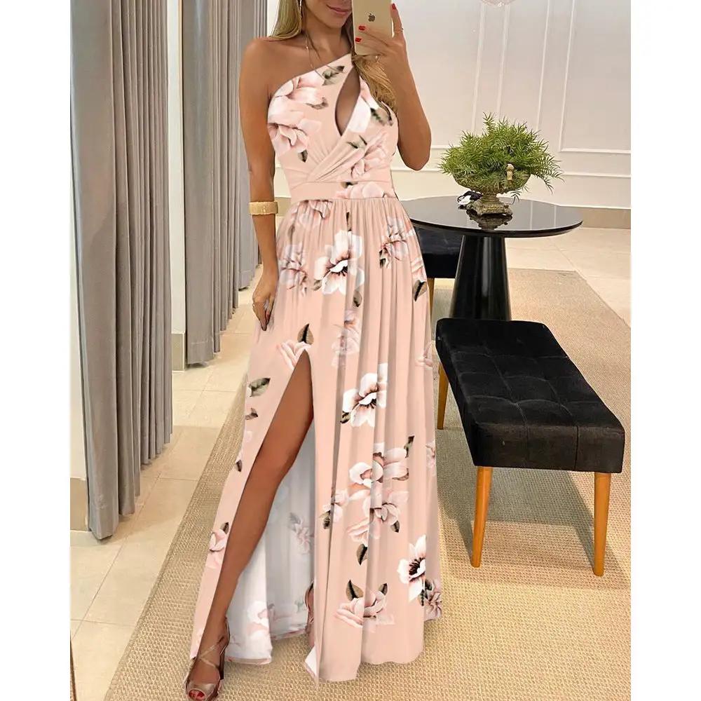Women Clothing Slant Shoulder Dress Elegance Sleeveless Sexy High Waist Split Dress by Wanita Store