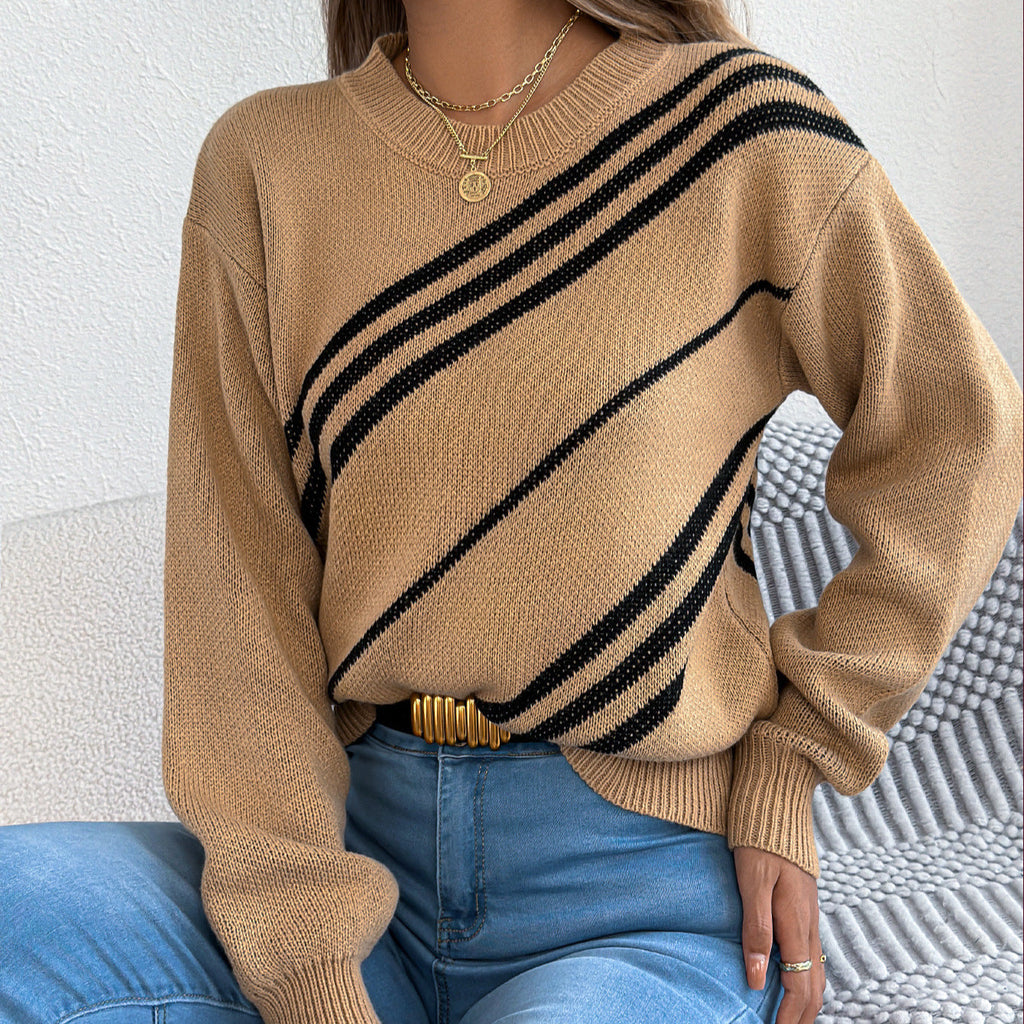 Damenbekleidung Herbst Winter Lässiger gestreifter Rundhals-Pullover mit Laternenärmeln