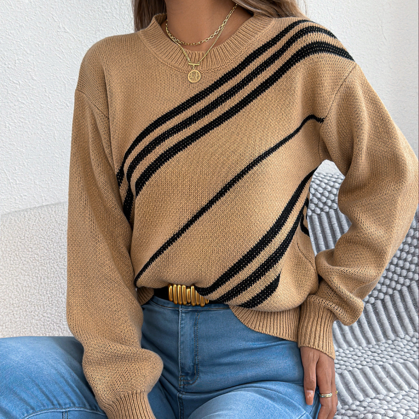 Damenbekleidung Herbst Winter Lässiger gestreifter Rundhals-Pullover mit Laternenärmeln