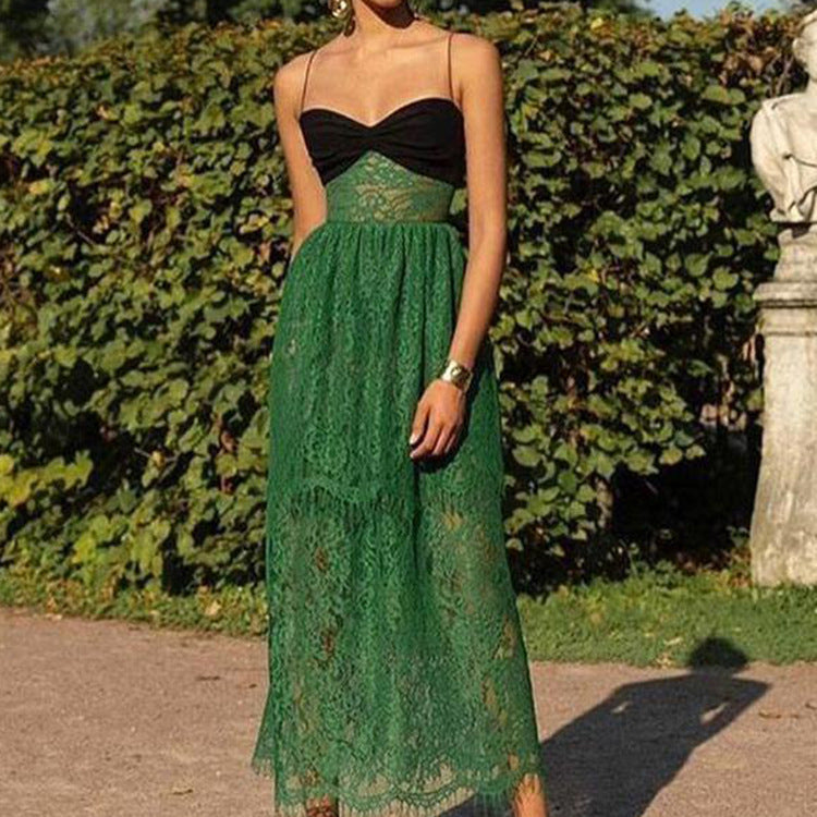 Damenbekleidung Sexy Hosenträger Spitze Grün Hohl Cut-Out Urlaub Bodenlanges Maxikleid