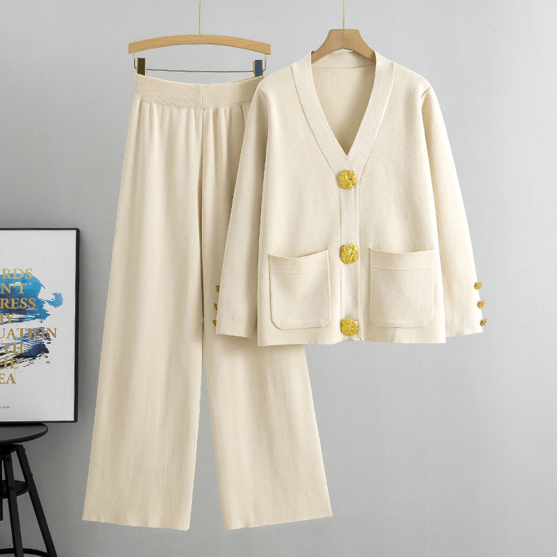 Lässiges zweiteiliges Set für Damen Herbst Winter Wilde Metallschnalle Strickjacke Pullover Weite Hose Set